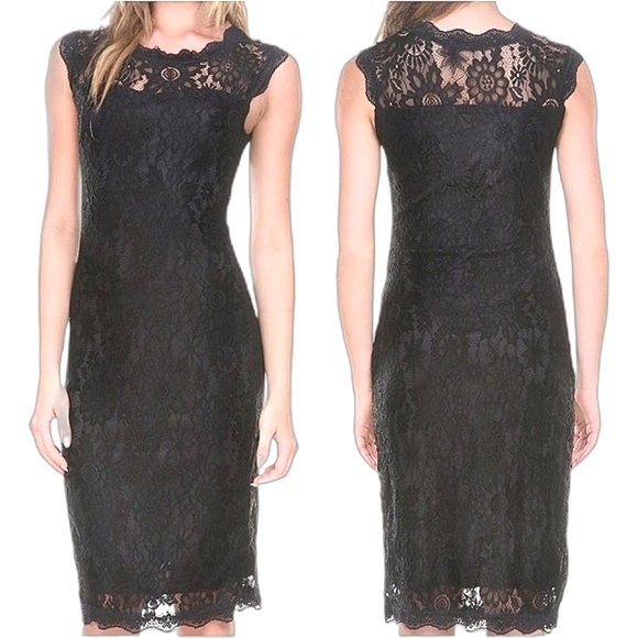 NWT Stanzino Black Lace Scalloped Hem Cocktail Party Dress Evening Formal L - Picture 1 of 15